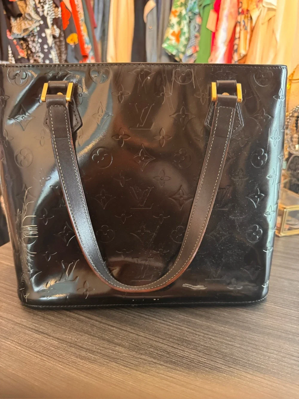 Louis Vuitton Black Vernis Monogram Shoulder Bag with Gold-Tone Hardware
